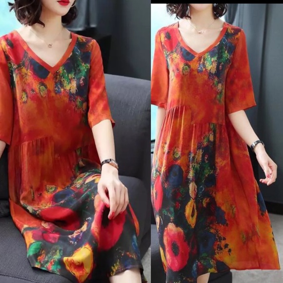 Multi color Abstract Poppies Printed Dress - Picture 2 of 6